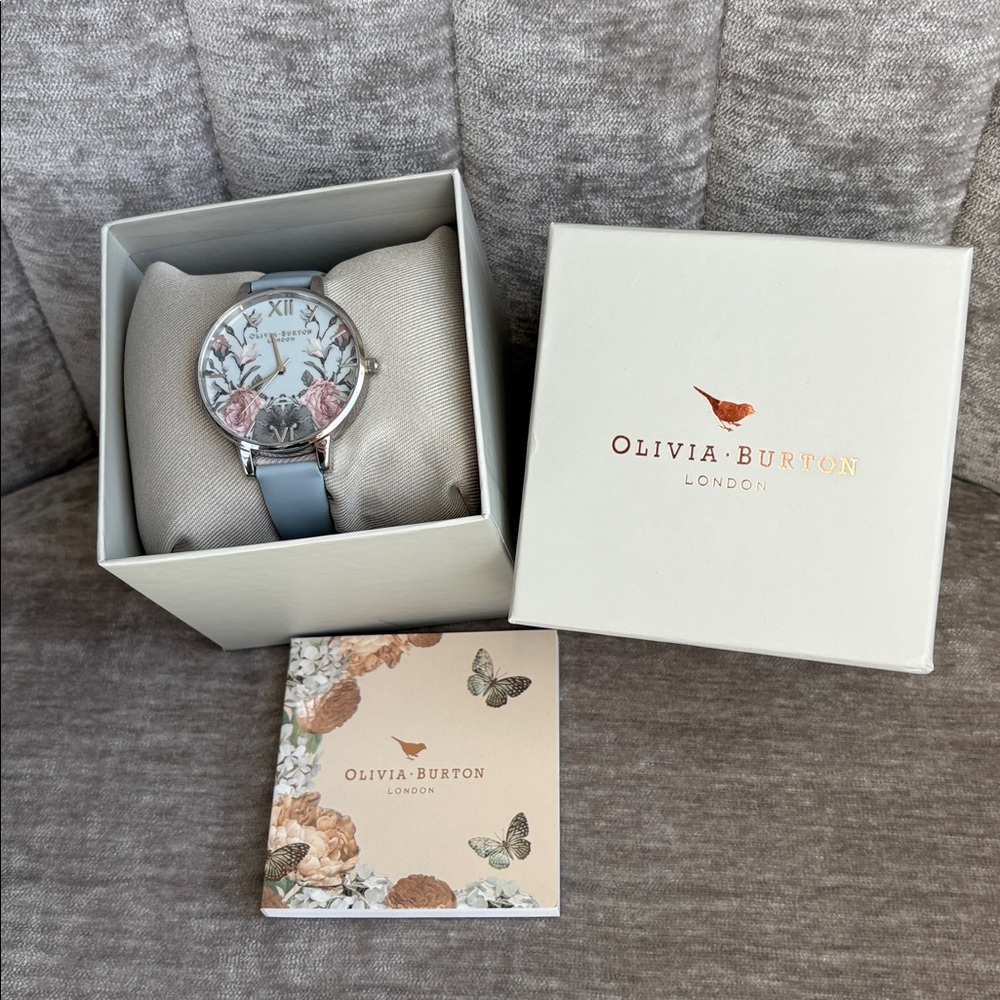 Olivia Burton Floral Watch - Silver/Light Blue Leather Strap - Picture 4 of 11